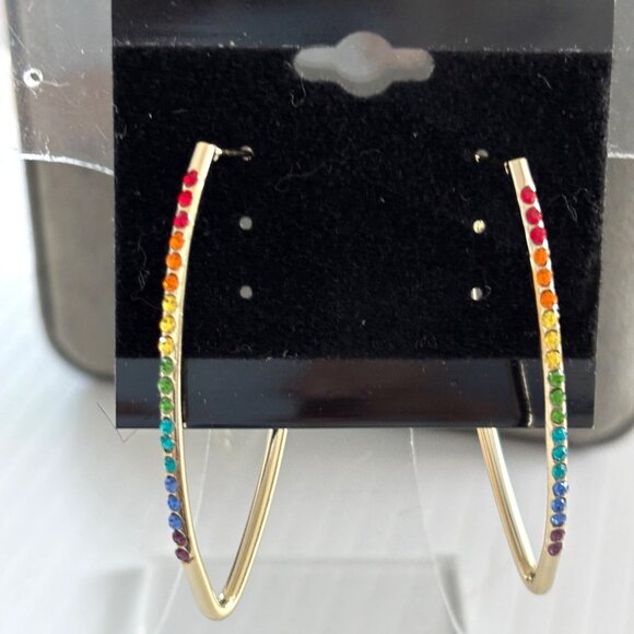 Rainbow Crystal Gold Hoop Earrings 2.5" Long Colorful Statement Jewelry For Wome - Picture 2 of 4